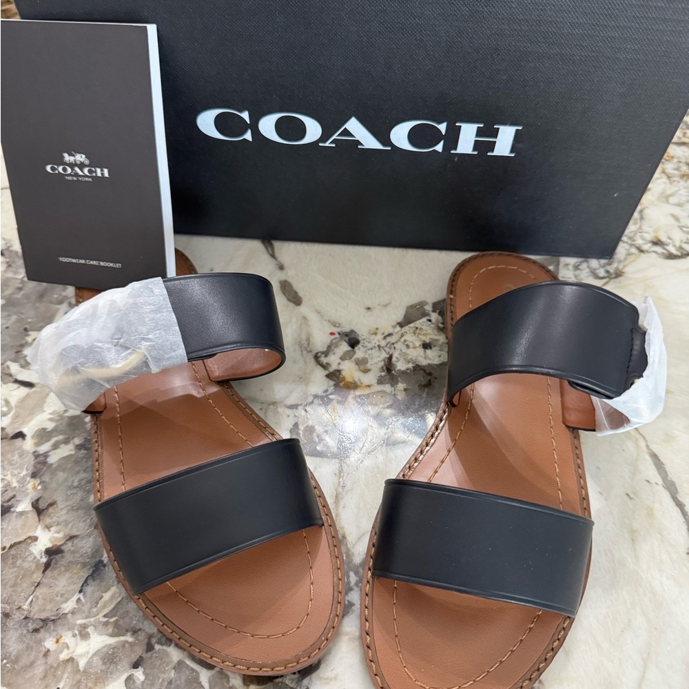 Coach Black and Tan Slide Sandals